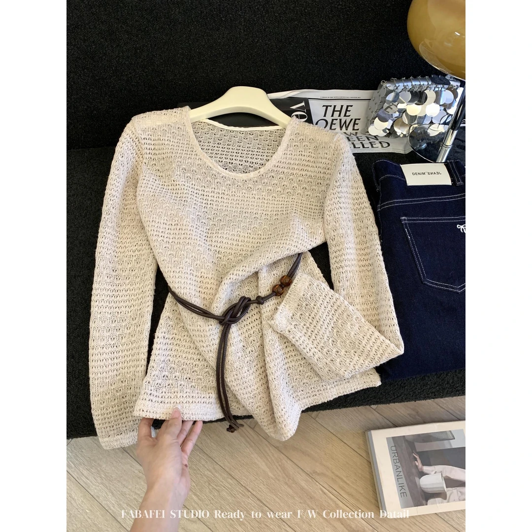 慵懒风镂空长袖针织衫女秋款2025薄款马海毛毛衣遮肚子上衣配腰带