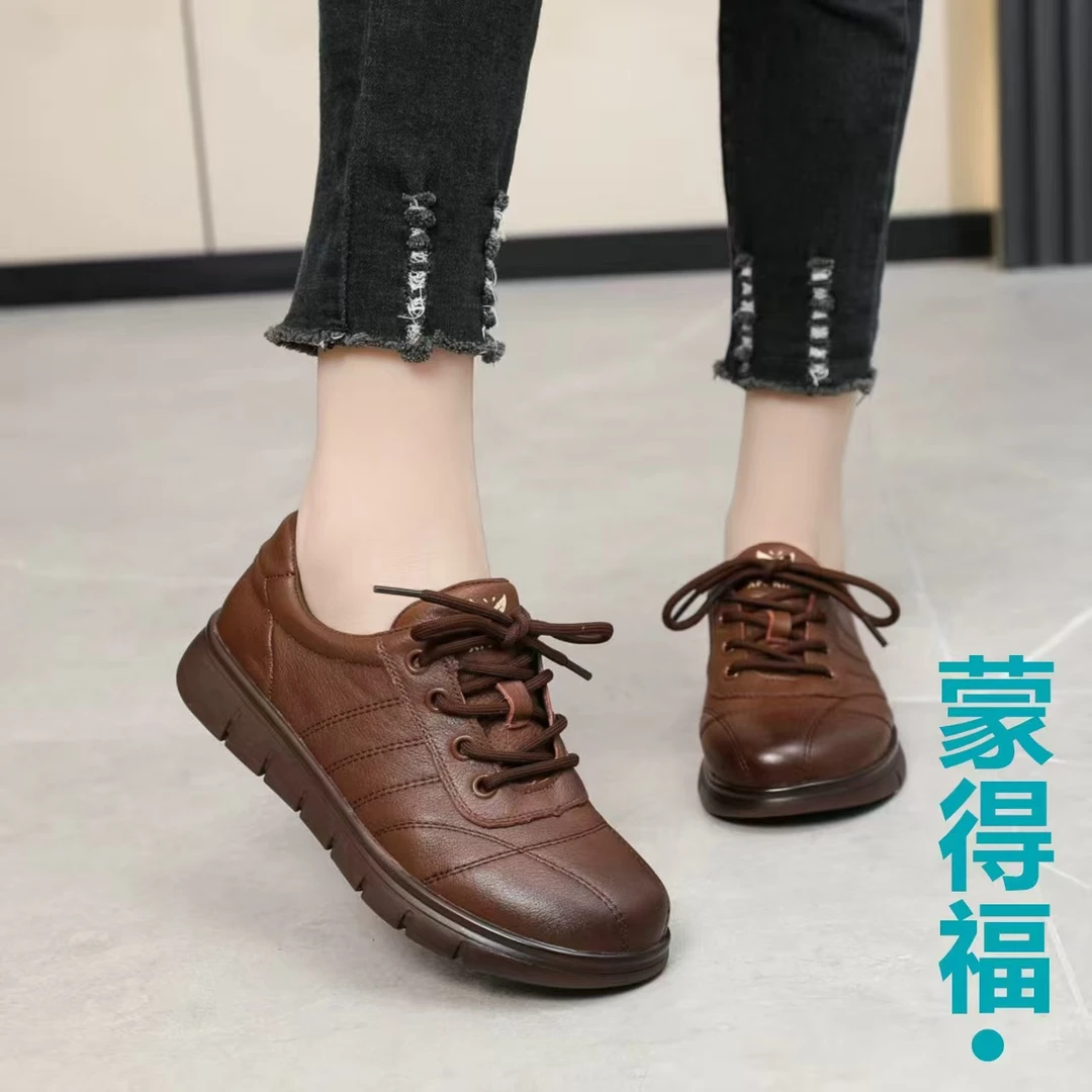 平跟防滑松糕底秋季时尚休闲鞋软底皮鞋舒适平底系带真皮