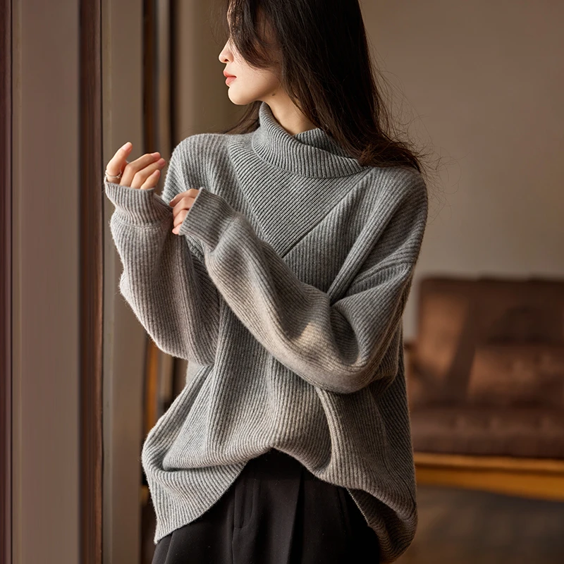 100%山羊绒7针26支双股约625g女款围巾领加厚套头羊绒衫条纹长袖