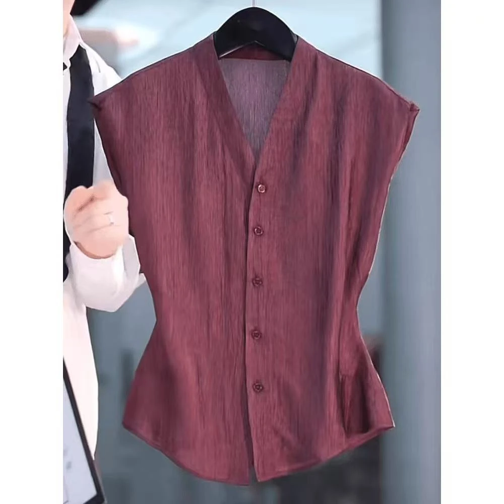 修身型薄款法式小衫夏季衬衫无袖气质百搭休闲时尚衬衣女宽松V领