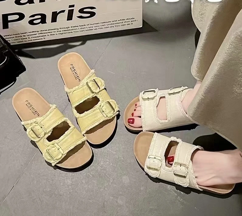 588夏季黄色勃肯一字拖外穿女中跟软底舒适百搭洋气