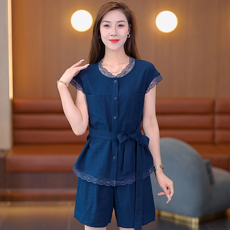 2025新款显瘦套装韩版短裤套装女无袖收腰系带阔腿裤轻薄两件套