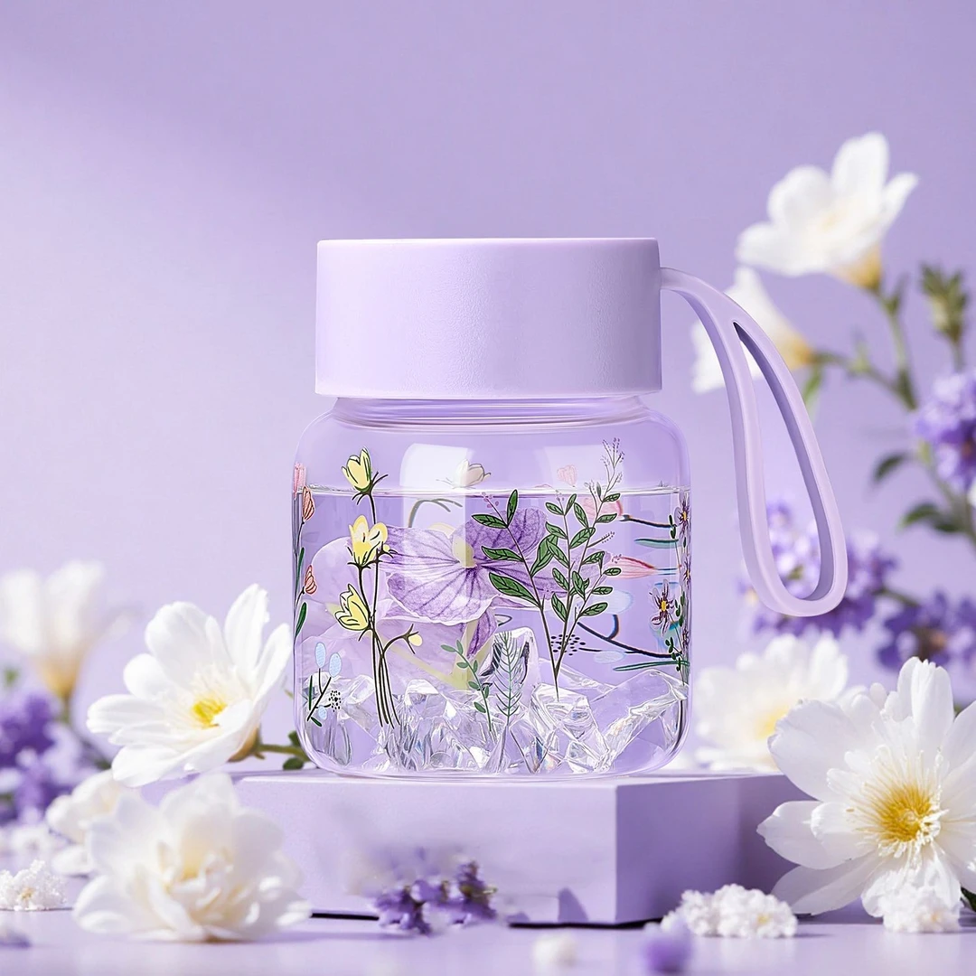 紫色玻璃杯女随行咖啡杯高颜值便携式提绳杯办公室学生玻璃水杯子