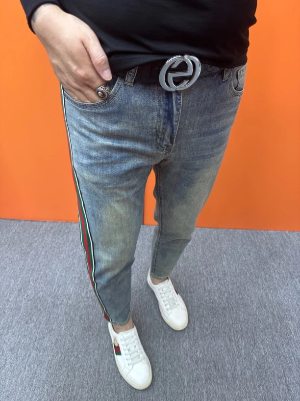 春夏春秋男装牛仔裤夏季修身小脚时尚百搭潮流织带弹力韩版牛仔裤