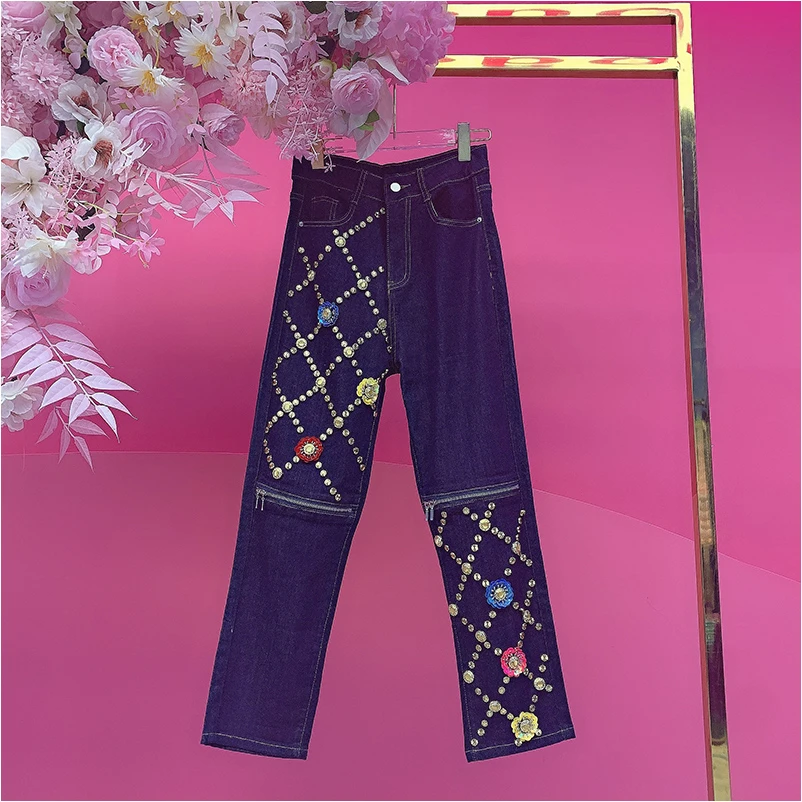 A4148欧美设计师2025秋季新款重工钉钻刺绣亮片立体小花牛仔裤女