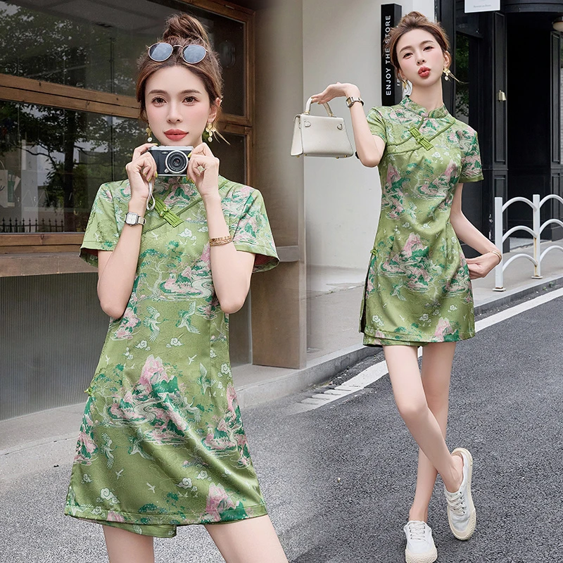 新中式复古印花水墨云山短裤裤时尚穿搭套装女2025夏季新款两件套