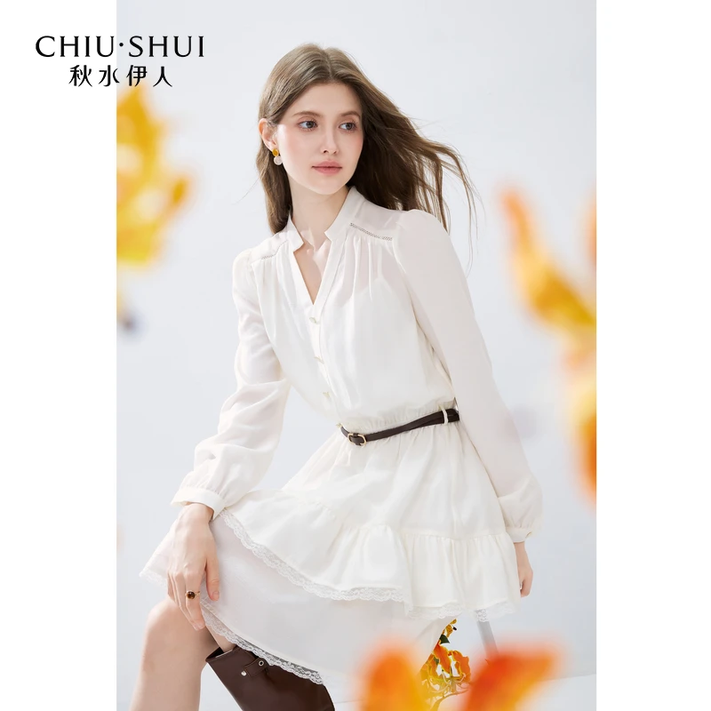 秋水伊人气质V领长袖连衣裙2025年新款女装法式优雅蛋糕裙子