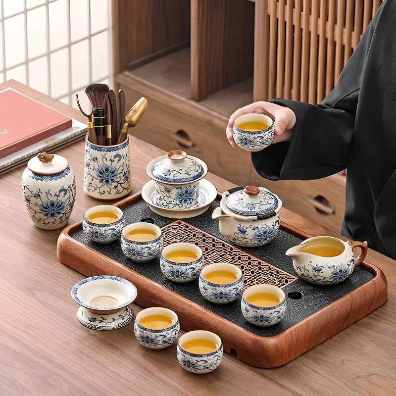 唐丰泡茶具新款青花高档家用盖碗整套泡茶壶汝窑功夫茶具喝茶具