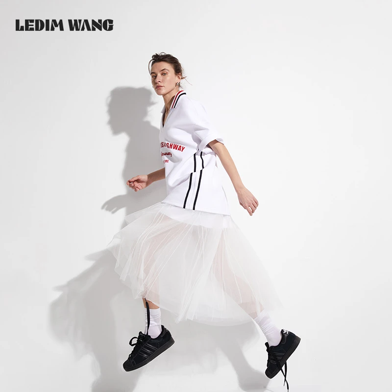 LEDIM WANG美式不规则半身裙女夏2025新款高级感撞色条纹百搭纱裙