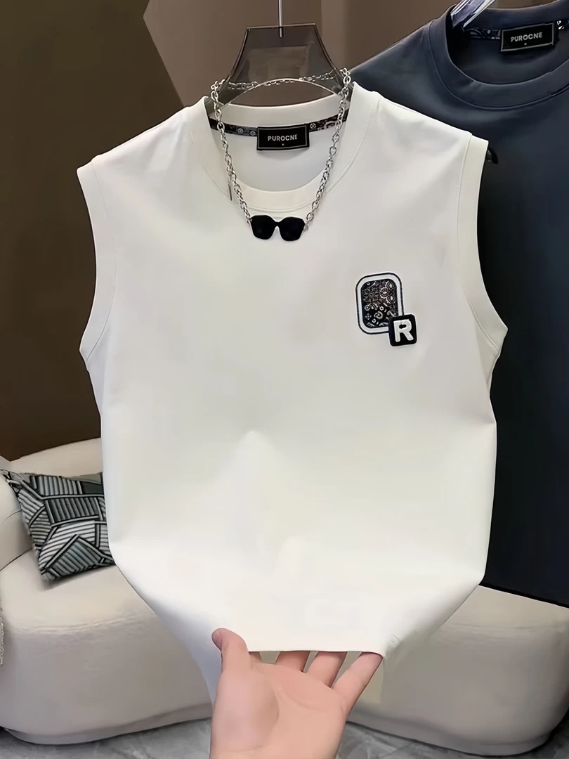 夏季潮牌字母印花纯棉无袖背心男士t恤款轻奢高品质坎肩袖上衣