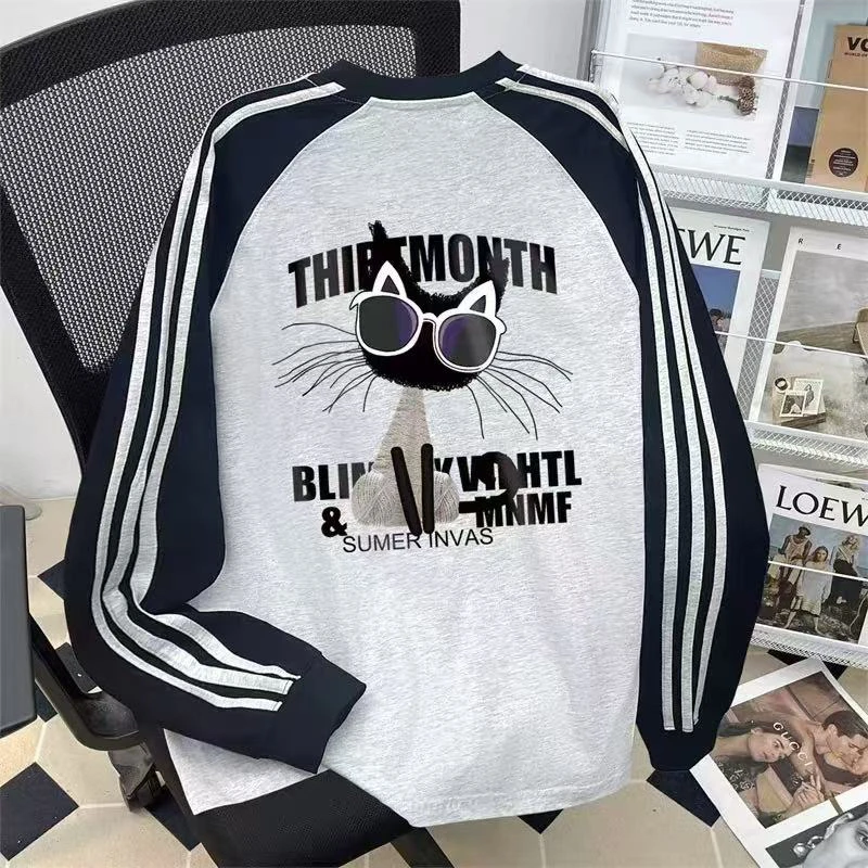 88563欧货高品质新款宽松休闲美式高街三条杠插肩长袖T恤上衣