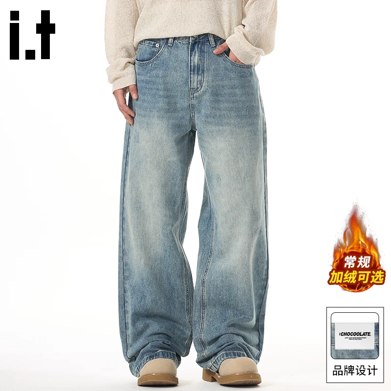 it: CHOCOOLATE美式复古牛仔裤男士冬季加绒cleanfit宽松阔腿长裤