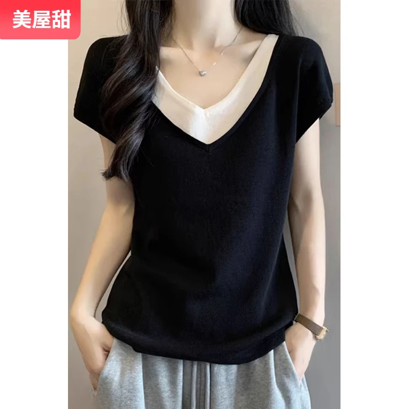 1大码假两件正肩短袖t恤女夏季胖mm遮肚子洋气v领上衣I
