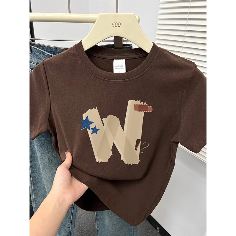 正肩短袖t恤女夏季新款设计感小众字母印花胖mm显瘦圆领上衣ins潮