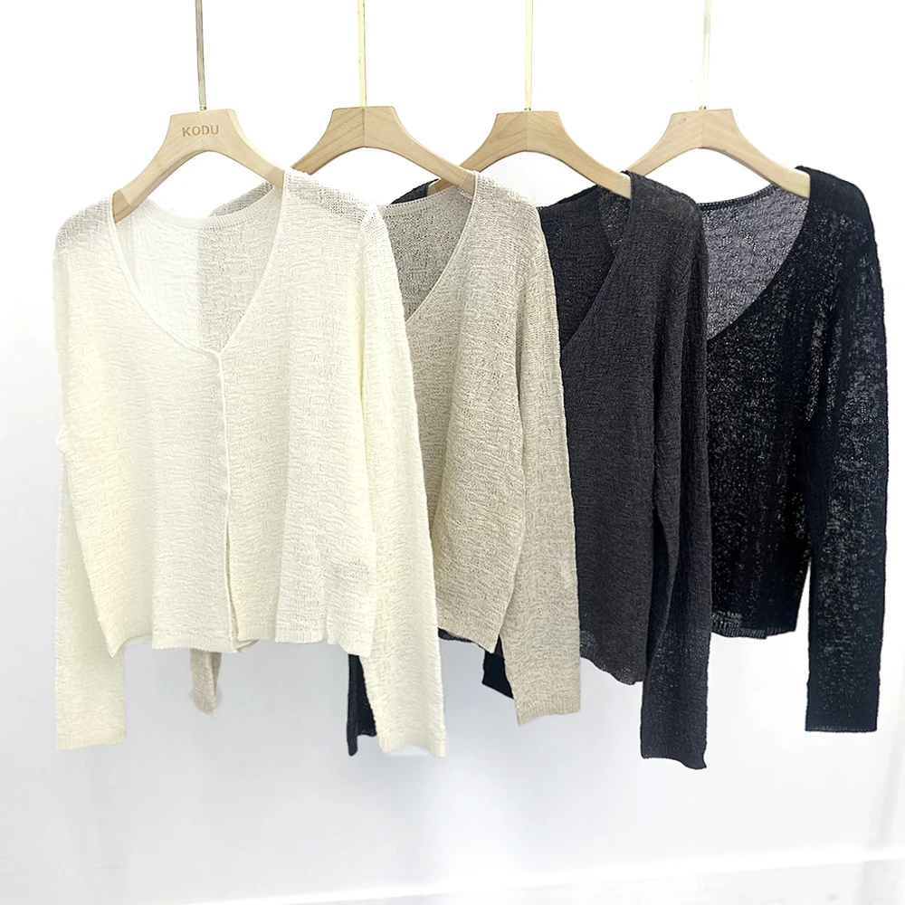 S【刻度KODU】RM-5340夏季简约轻薄百搭V领镂空肌理感长袖针织开衫