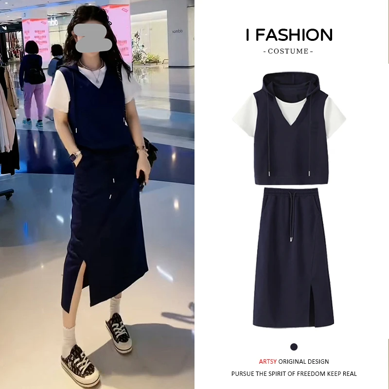 高含棉休闲套装女2026年夏季新款假两件上衣半身裙两件套潮