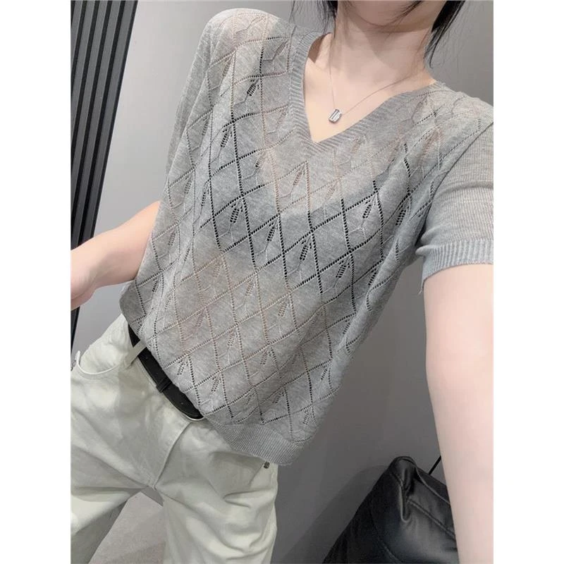 2025夏季新款女士欧货V领短袖T恤镂空冰丝针织衫宽松微透罩衫上衣