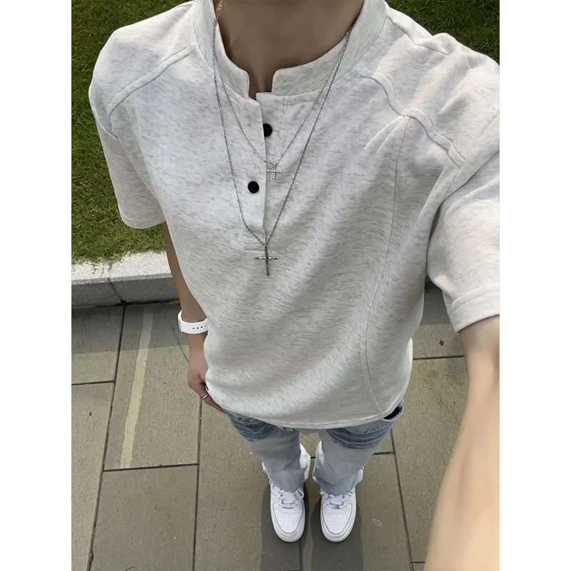 亨利领正肩拼接短袖T恤男夏季cleanfit美式高街设计感小众半袖潮