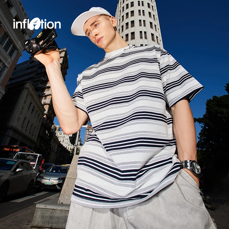 膨胀潮牌细织格子条纹T恤2025春夏新品街头休闲宽松绣花男式短袖