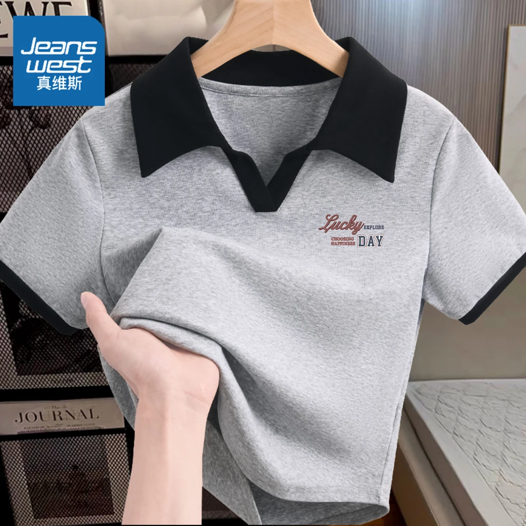 *真维斯美式辣妹字母印花女装夏季修身短款设计POLO领上衣撞色HG