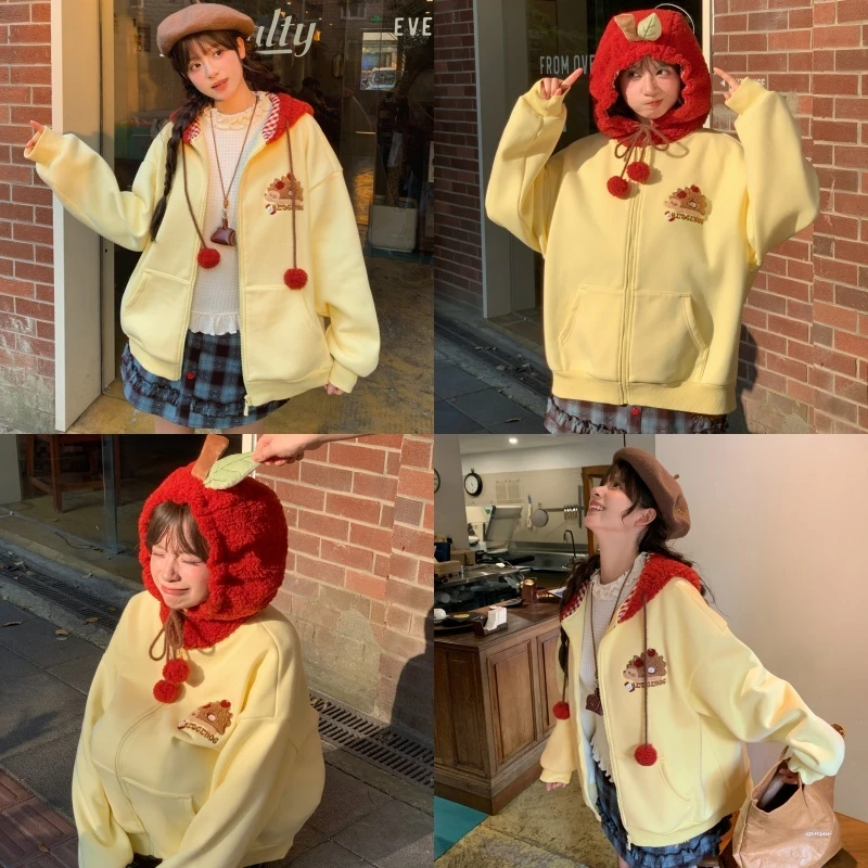 森女部落甜美可爱苹果设计感连帽卫衣女秋冬百搭加绒显瘦宽松外套