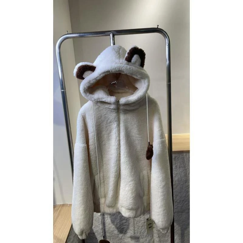 JF920A （聚水潭）透气卡通风通用抓绒衣带帽百搭上衣休闲女士外套