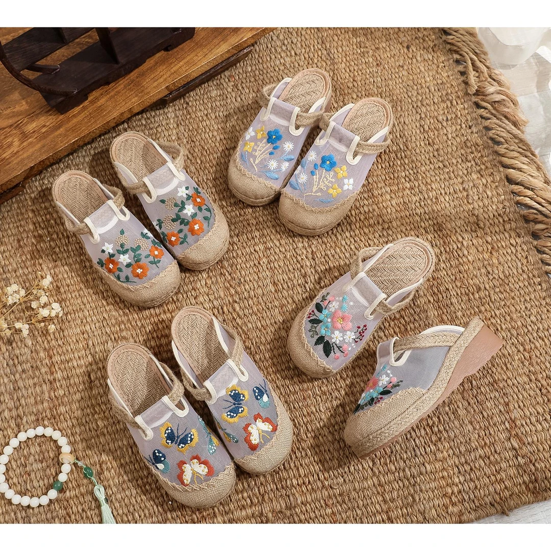 【增高5cm拖鞋&满园春色】2025年刺绣半拖夏季薄款透气舒适网纱女鞋