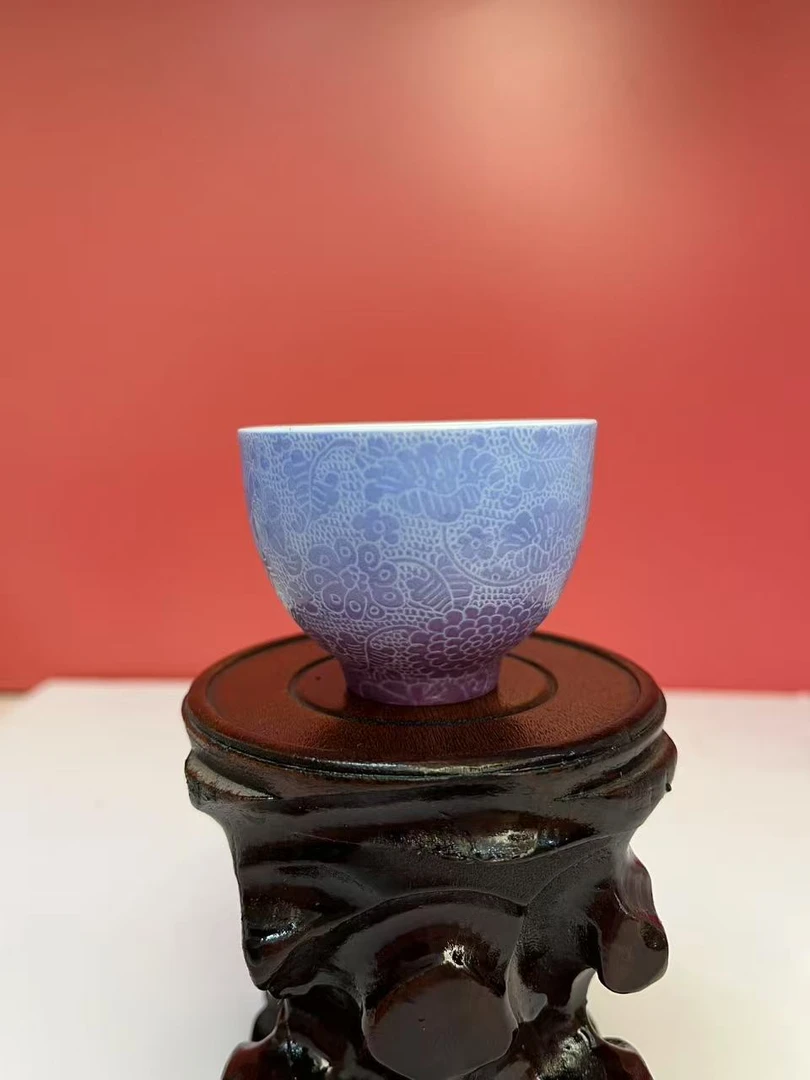 景德镇手工手绘粉彩扒花渐变颜色釉品茗杯