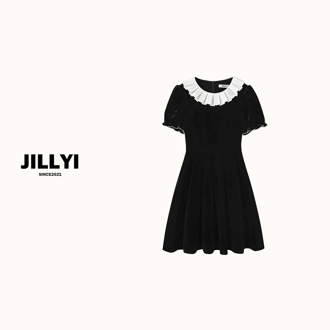 JILLYI珠海店【宫廷小黑裙】丝绒翻领复古女装连衣裙气质时尚轻奢黑