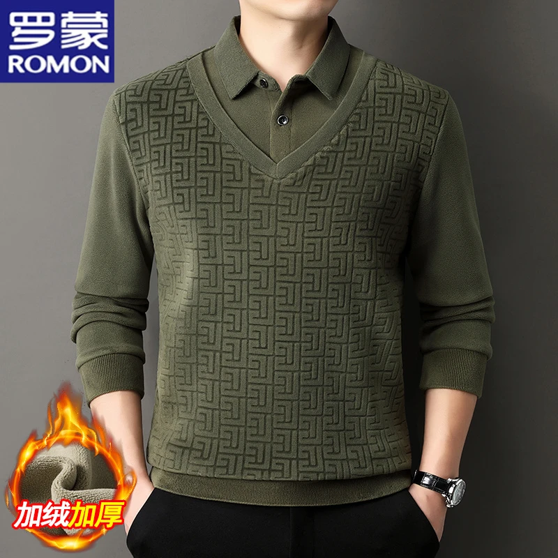 罗蒙秋冬奥粒绒男士卫衣加绒加厚假两件上衣休闲亲肤保暖打底衫