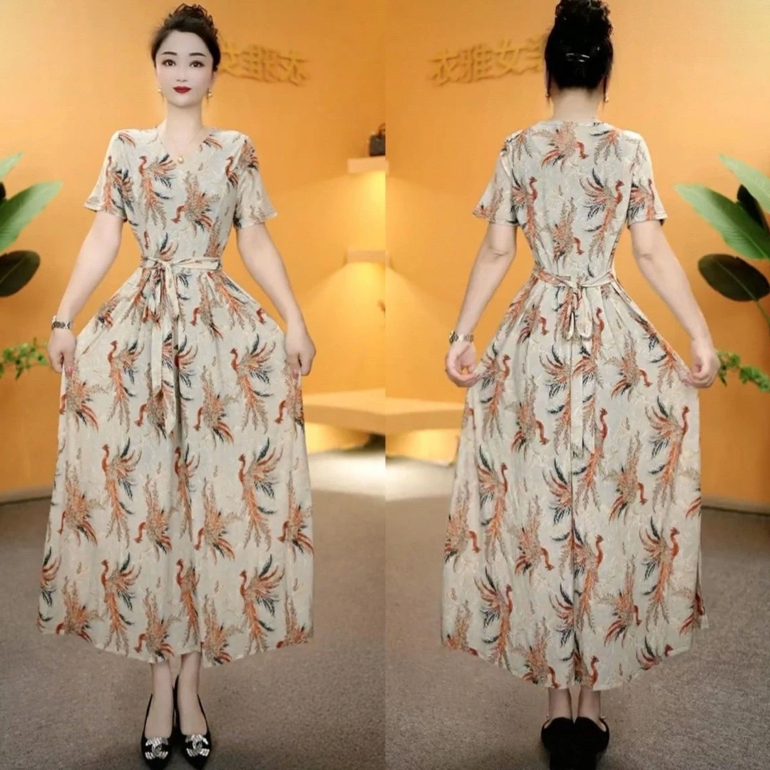 9818-夏季新款长款短袖收腰显瘦洋气气质妈妈装连衣裙（绣红）