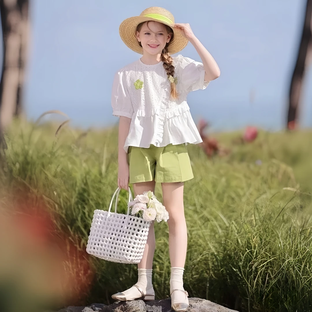 儿童蕾丝套装2025新款夏季洋气中大童泡泡袖上衣休闲短裤两件套潮