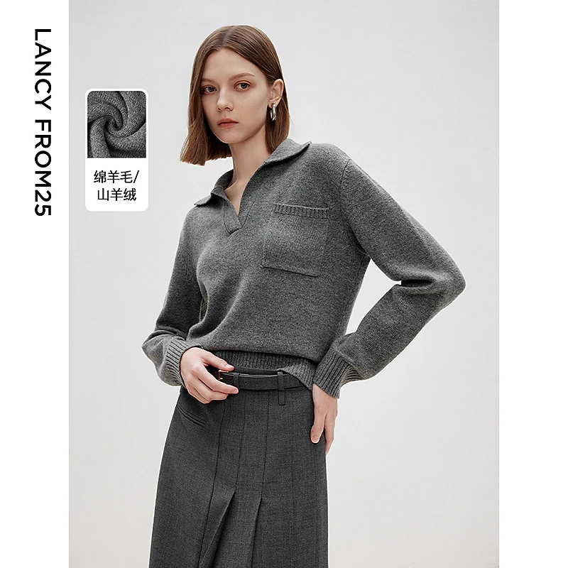 朗姿羊毛修身高级感灰色内搭翻领打底毛衣2025年春季新款毛针织衫