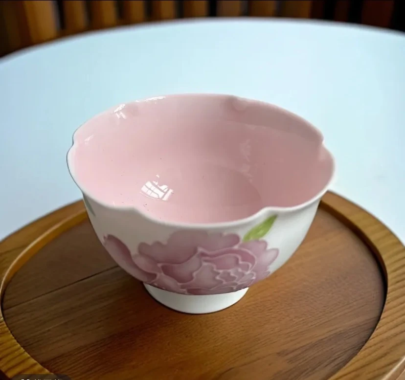 52纯手工手绘釉下彩鸢尾花大容量花口主人杯粉色内里