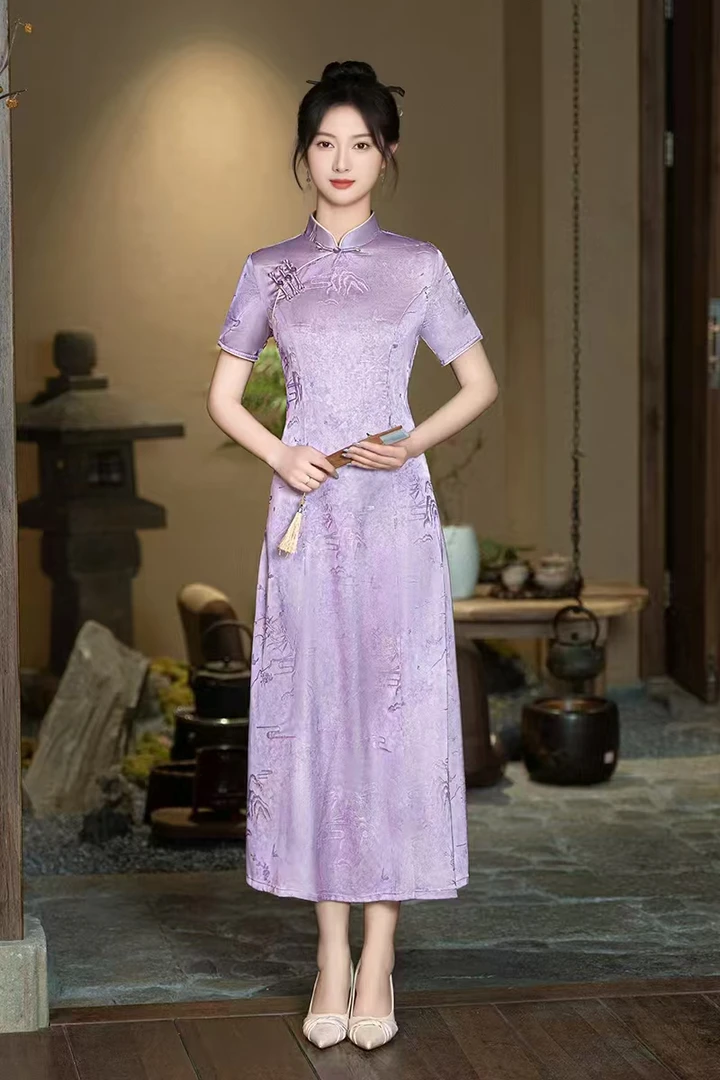 紫珠 日常气质文艺国风优雅长款奥黛改良旗袍
