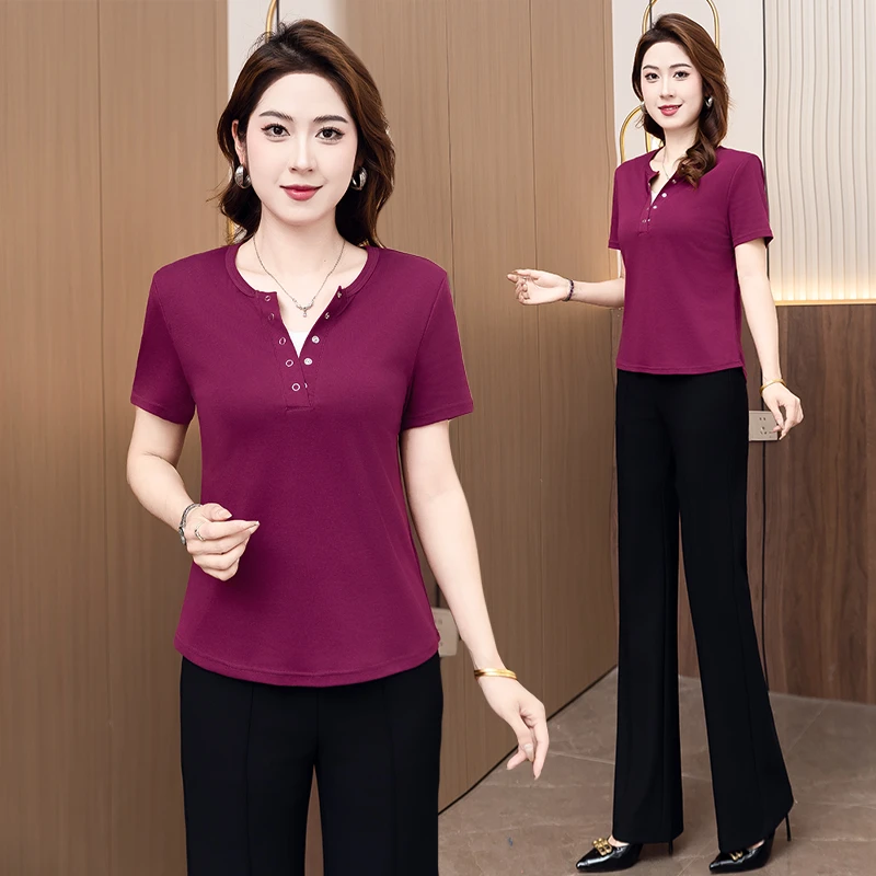 高级纯色女士短袖T恤女夏时尚洋气减龄遮肚夏季新款韩版薄款