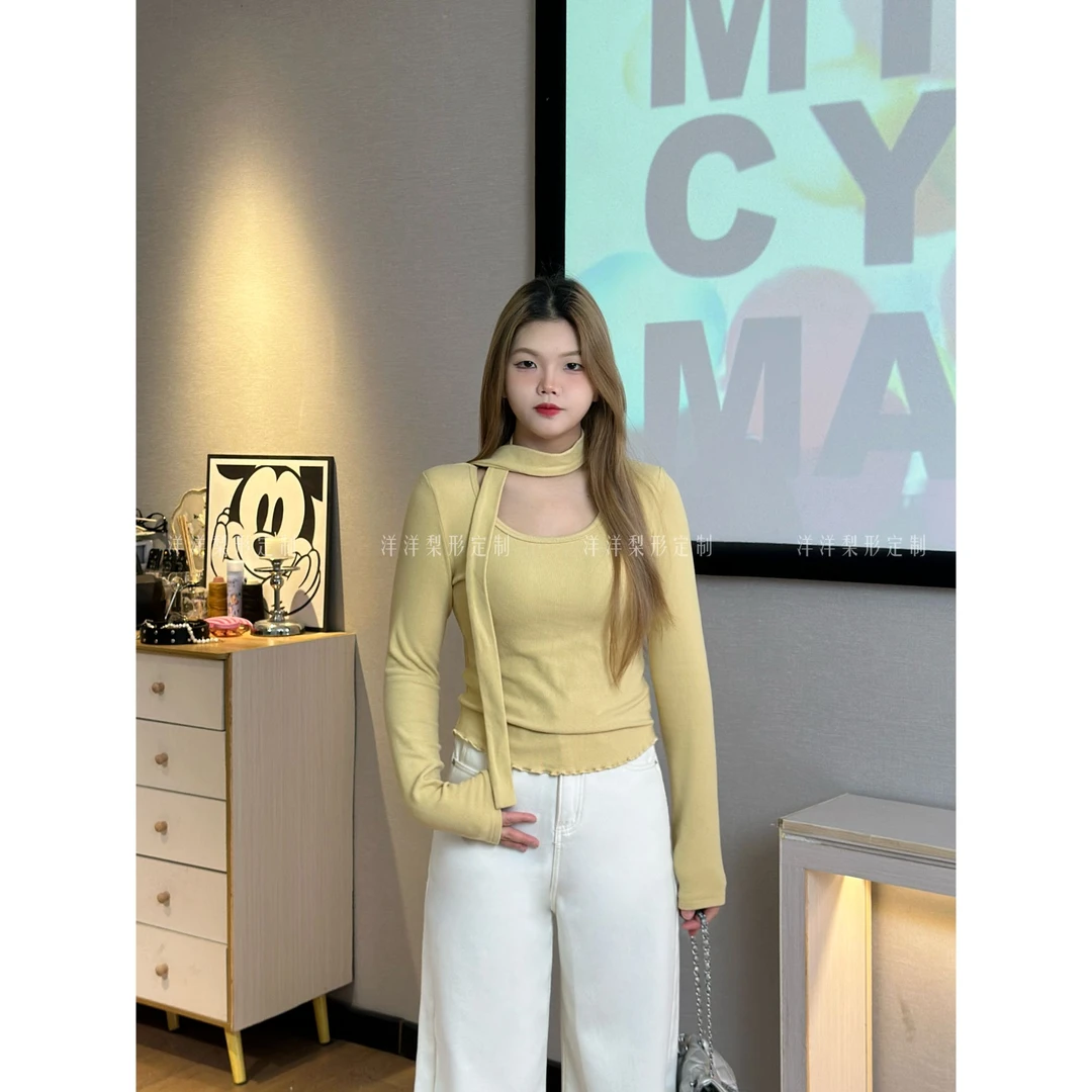 《莎莎定制》飘带方领长袖T恤女秋冬新款修身洋气高级感内搭打底衫