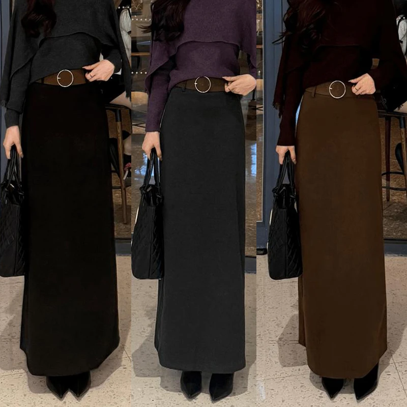 秋冬新款直筒设计百搭后开叉长裙子女气质高腰显瘦毛呢一步裙