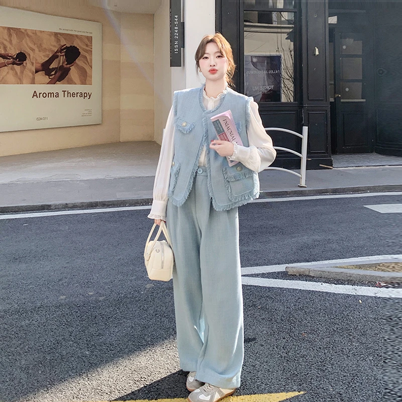 小香风蓝色马甲小衫小个子套装女2025显瘦新款炸街超火时尚三件套