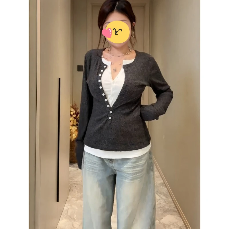 假两件设计感撞色圆领长袖针织衫女秋季2025新款洋气修身小上衣