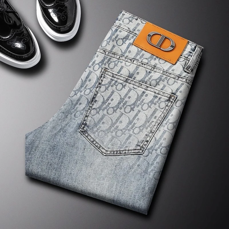 夏季薄款轻奢蓝色牛仔裤男士时尚字母印花潮牌弹力修身小直筒长裤
