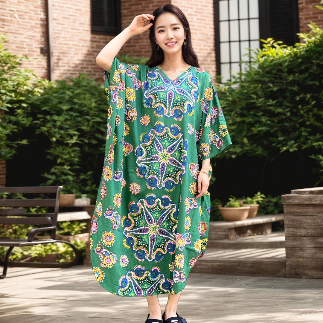 轻奢风大码连衣裙钉珠长袍宽松大码女士复古印花时装气质夏季
