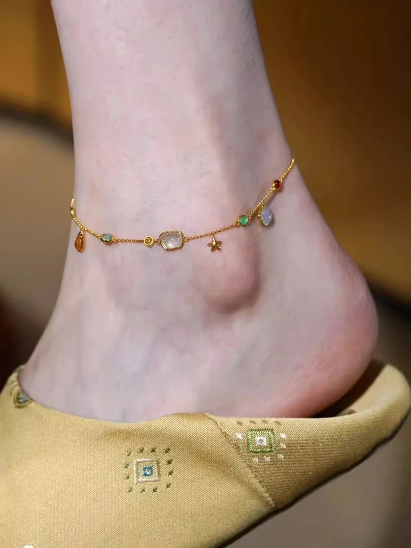 铜合金脚链 法式温柔螃蟹海星彩宝脚链女夏季轻奢气质不掉色足链