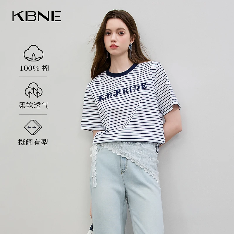 1133【金拐子专属】KBNE短袖2025新款夏季条纹字母印花短袖女t恤