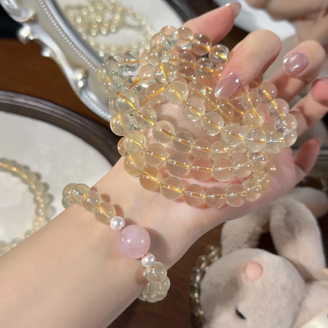 高冰柠檬黄水晶-柚子珠宝天然柠檬黄水晶手串手链DIY