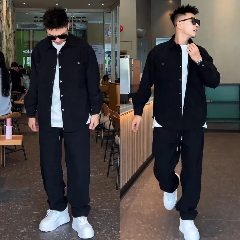 大码男装春秋灯芯绒衬衫外套休闲套装男潮牌大码宽松运动两件套男