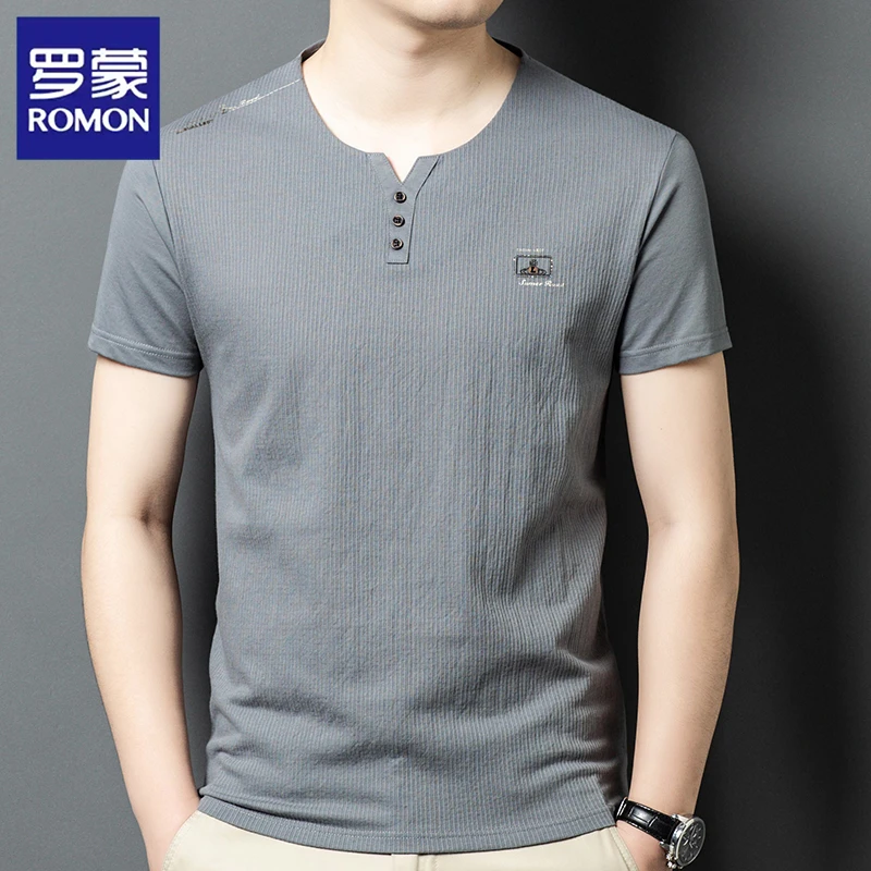 罗蒙2025新款夏季男士短袖薄款鸡心领半袖休闲商务V领体恤上衣