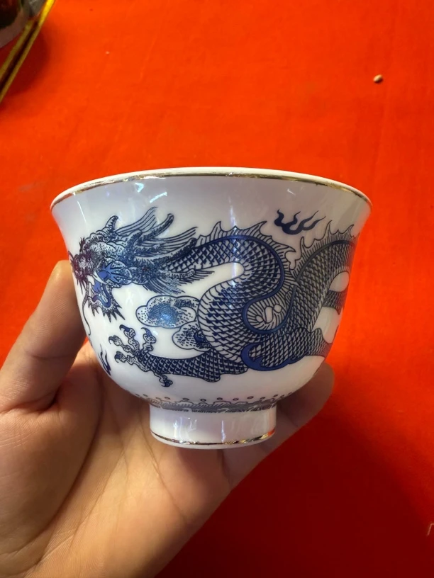 家居摆件手工蓝龙红龙茶杯一对