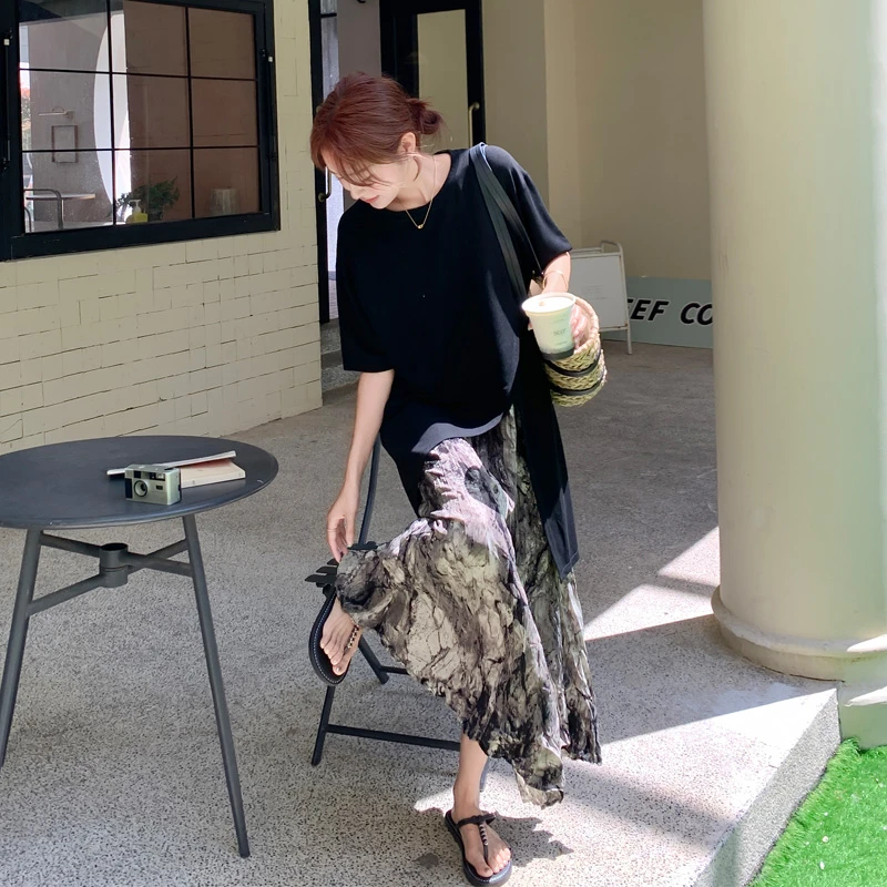 不规则开叉水墨半身裙套装2025女夏新款ins韩系松弛感显瘦两件套