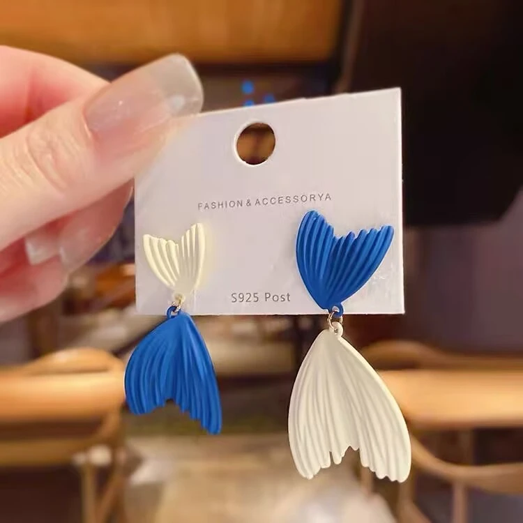 合金耳饰 蓝色不对称鱼尾耳环新款爆款高级感夸张个性气质耳坠